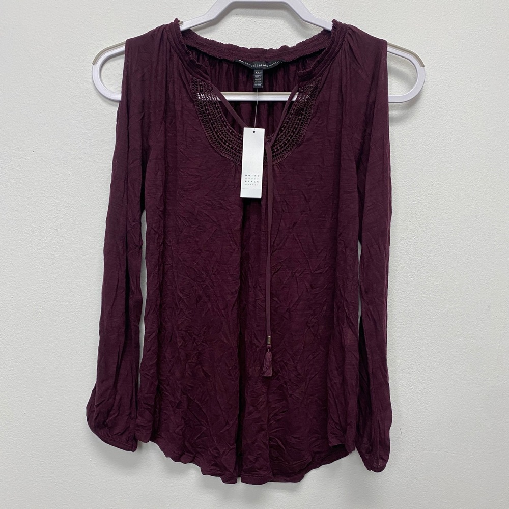 White House Black Market Cold Shoulder Crochet Top Long Sleeve XSP Pullover
